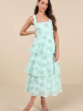 Lulu’s Exceptional Entrance Mint Sleeveless Tiered Rosette Midi Dress